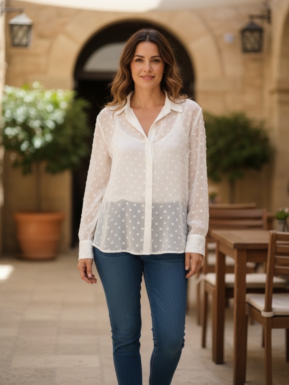 Zara off White Sheer Dot-Texture Button Front Blouse